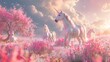 A unicorn stands in a field of pink flowers. The unicorn is white with a long, flowing mane and tail. The flowers are in full bloom and the sun is shining brightly. The unicorn is surrounded by a soft