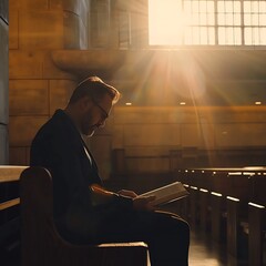 person praying, man reading a bible, in a church, holy bible, pray in church