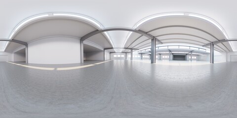 Wall Mural - Full spherical hdri panorama 360 degrees of empty exhibition space. backdrop for exhibitions and events. Tile floor. Marketing mock up. 3D render illustration