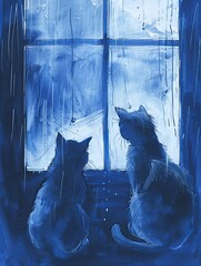 Blue pen sketch drawing with 2 cats looking out a window rainy day