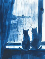 Blue pen sketch drawing with 2 cats looking out a window rainy day