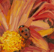 Ladybug oil painting. A beautiful illustration of an insect on a chrysanthemum flower. Hand-drawn. Modern realistic painting. Square artistic summer banner layout for postcards website design printing
