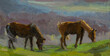 Horses oil painting. A beautiful illustration of two horses grazing in a meadow. Hand-drawn. Modern realistic painting. Artistic summer banner, layout for postcards, website design, printing