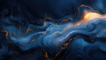Wall Mural - Abstract blue and gold swirl background with stars, dark night sky, dark navy and light azure, fluid art style in the style of watercolor waves. Created with Ai