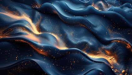 Wall Mural - A dark blue background with golden glowing lights, flowing waves of silk fabric, and a deep sea color, creating an abstract digital art piece. Created with Ai