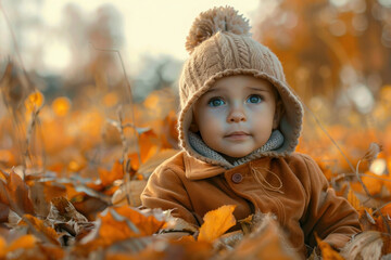 Happy little boy in orange coat sitting in pile of colorful autumn leaves on sunny fall day in park