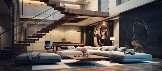 Poster - A cozy living room with staircase and sofa