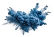 Blue powder explosion, dark blue smoke or dust cloud against white background