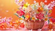A papercut scene bursting with spring blooms - tulips, daffodils, and cherry blossoms overflowing from a woven basket, crafted from brightly colored paper. 