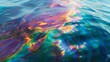 A photorealistic close-up of an oil spill on the surface of the ocean, creating a rainbow sheen that conceals the destruction beneath.