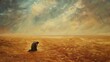 Capture the vast expanse of a desolate desert landscape, with a lone figure hunched over in utter despair, contrasting against the barren backdrop in oil painting