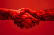 A close-up of a handshake with a translucent red overlay of blood cells, isolated on a pact of life red background, for World Blood Donor Day