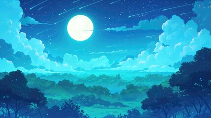 Canvas Print - Nighttime scene with a lush green forest under a starry sky adorned with a big glowing moon and accompanied by white fluffy clouds set against a cartoon backdrop in 2d format