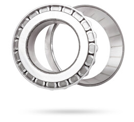 Poster - Shiny metal single row round roller bearing designed to absorb radial and one-sided axial loads of the vehicle. Sale of spare parts or repair in a workshop or car service.