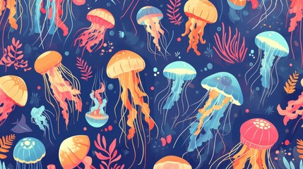 Immerse yourself in an enchanting underwater world with a vibrant pattern featuring jellyfish Perfect for creating a stunning wallpaper backdrop ideal for diving snorkeling vacatio