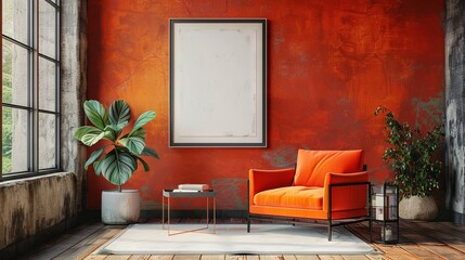 living room with light from the window, a red couch, and white black picture frame for mockup