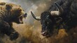 A Tense Standoff: Bear and Bull in Oil Painting
