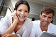 © peopleimages.com - Couple, tablet and portrait for movie in home, watching and streaming film online on app or website. Happy people, entertainment and relax in marriage, bonding together and series on internet or tech
