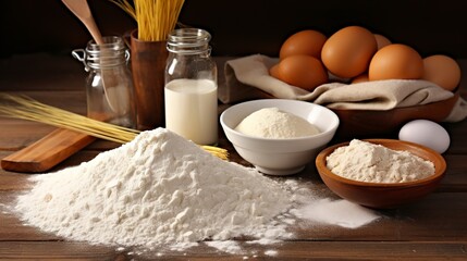 Wall Mural - Bakery Ingredients: Flour, eggs, butter, and other essentials of baking. 