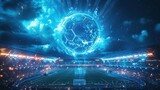 Fototapeta Sport - a hologram of a ball over a football stadium