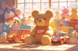 A group of toys sit on the floor, including teddy bears and cartoon characters. An electric car toy also sits next to them. 