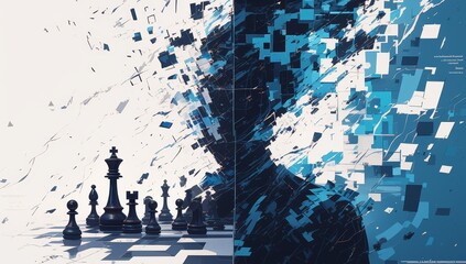 A digital art piece combining the elements of chess and artificial intelligence, featuring an AI figure as one side's signature in front of gray background