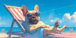A French Bulldog wearing sunglasses lounging on the beach in summer, sitting on sunbeds with its paws hanging over the edge of the chair. 
