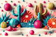 cinco de mayo banner, colorful abstract still life with cacti and geometric fruits