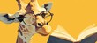 A giraffe with glasses reading an open book on yellow background