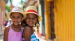 Smiling and joyful girls on the streets of Havana. Sunny day, colorful clothes. Summer and holiday scenery in Cuba.