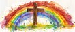 Watercolor rainbow arching over a rustic wooden cross