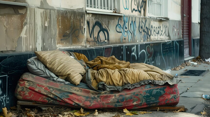 Homeless person living place with ragged discarded old broken bed with an dirty mattress and bedding. Empty homeless person place in city street