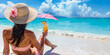 Beautiful young woman in bikini with a drink on the sunny tropical beach, wide, copyspace