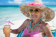 Senior citizen woman in a bikini with a cocktail drink on the sunny tropical beach, vacation, tropical, retirement, travel
