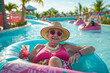 Senior citizen woman floating on a lazy river ride inner tube at a water park with a cocktail drink, vacation, tropical, retirement, travel