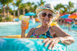 Senior citizen woman floating on inner tube in pool at a water park with a cocktail drink, vacation, tropical, retirement, travel