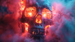 eerie glowing skull enveloped in red mystical smoke, halloween concept