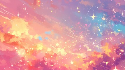 Wall Mural - Immerse yourself in a whimsical world of fantasy with a holographic illustration awash in pastel hues featuring a charming cartoon girly backdrop against a vibrant multi colored sky adorned 