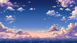 An 8-bit video game backdrop displaying a serene pixelated evening sky complete with cumulus clouds and a fading horizon