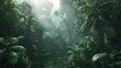 a foggy forest with trees and plants with Tropical rainforest in the background