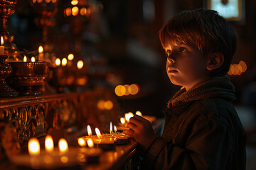 Wall Mural - Little boy holding burning candle on church. Child lights a candle in a chapel. Happy Easter, Christmas. Ascension Day, Trinity Sunday