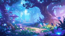 Illustration Of A Magical Forest At Night In The Glade Sparkles With Enchantment The Whimsical Scenery Features Towering Trees Delicate Mushrooms Vibrant Flowers And Lush Grass Bathed In A M