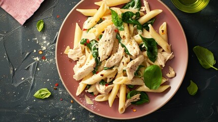 Wall Mural - a plate of pasta with chicken and spinach