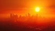 A sweltering sun dominates the sky, casting an overwhelming orange hue over the skyline, illustrating a city under the scorch of hot weather.

