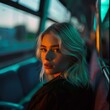 a woman sitting on a bus