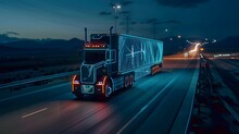 Futuristic Technology Concept: Autonomous Semi Truck With Cargo Trailer Drives At Night On The Road With Sensors Scanning Surrounding. Special Effects Of Self Driving Truck Digitalizing Freeway
