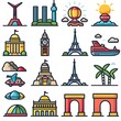 © Pakpong - A vibrant set of icons representing famous global landmarks and various modes of transportation, designed in a colorful, modern line art style..