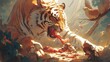 In the heart of the wild the tiger feasts on its savory meat embraced by the essence of nature s untamed symphony