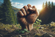 Clenched fist climbs out of the ground in a forest. Stand up for nature. AI generative