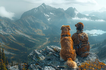 A photo of two dogs, one golden retriever and the other white with brown spots, sitting on top of a mountain looking at mountains in the background. Created with Ai